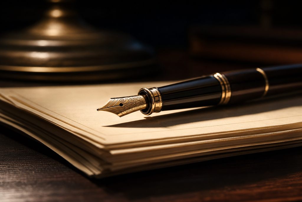 Fountain pen resting on documents in warm lamplight