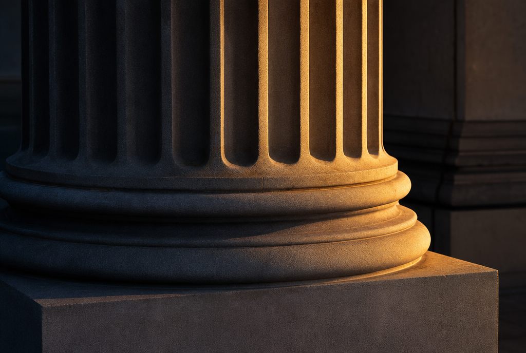 Classical stone courthouse column in evening light