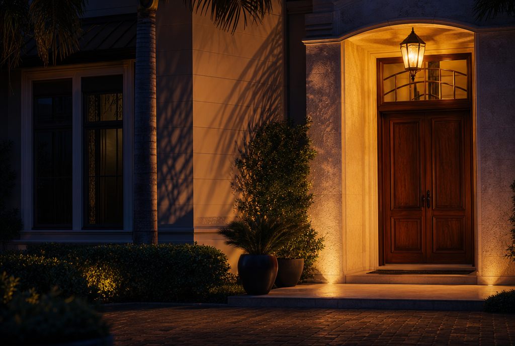 Florida residence entrance at dusk with warm porch light